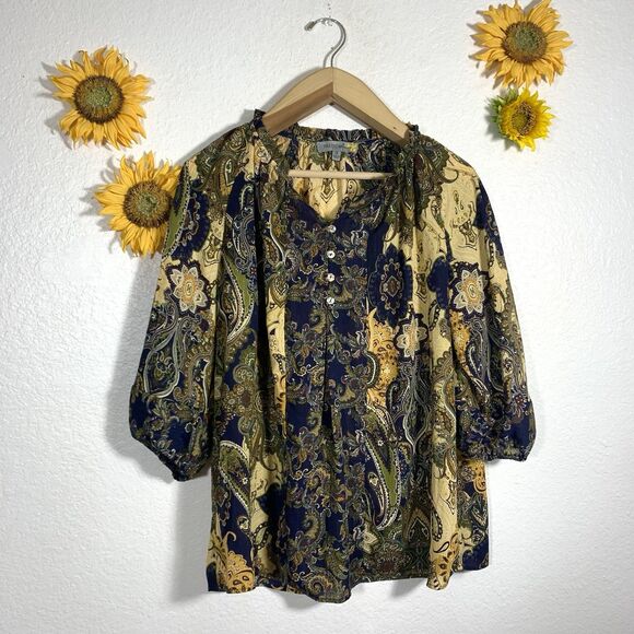Figueroa & Flower Blouse Floral Quarter Button 3/4 Sleeve Blouse Plus Size 1X - Picture 1 of 5